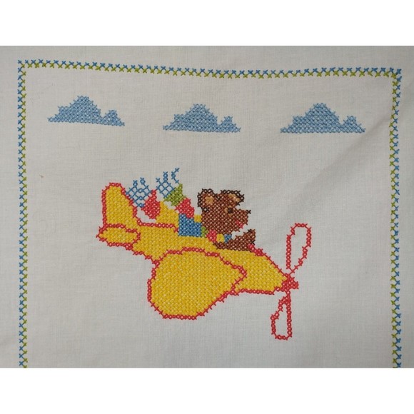 VTG Cross Stitched Baby Nursery Art Wall Decor Bear Plane Boat Completed - Picture 2 of 5
